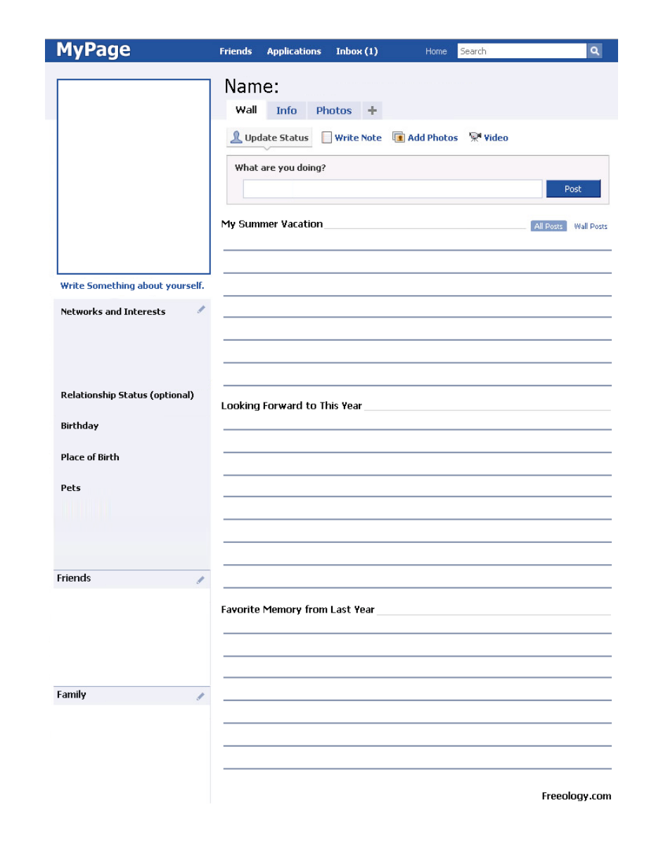Facebook Styled Personal Information Sheet Download Printable PDF Templateroller