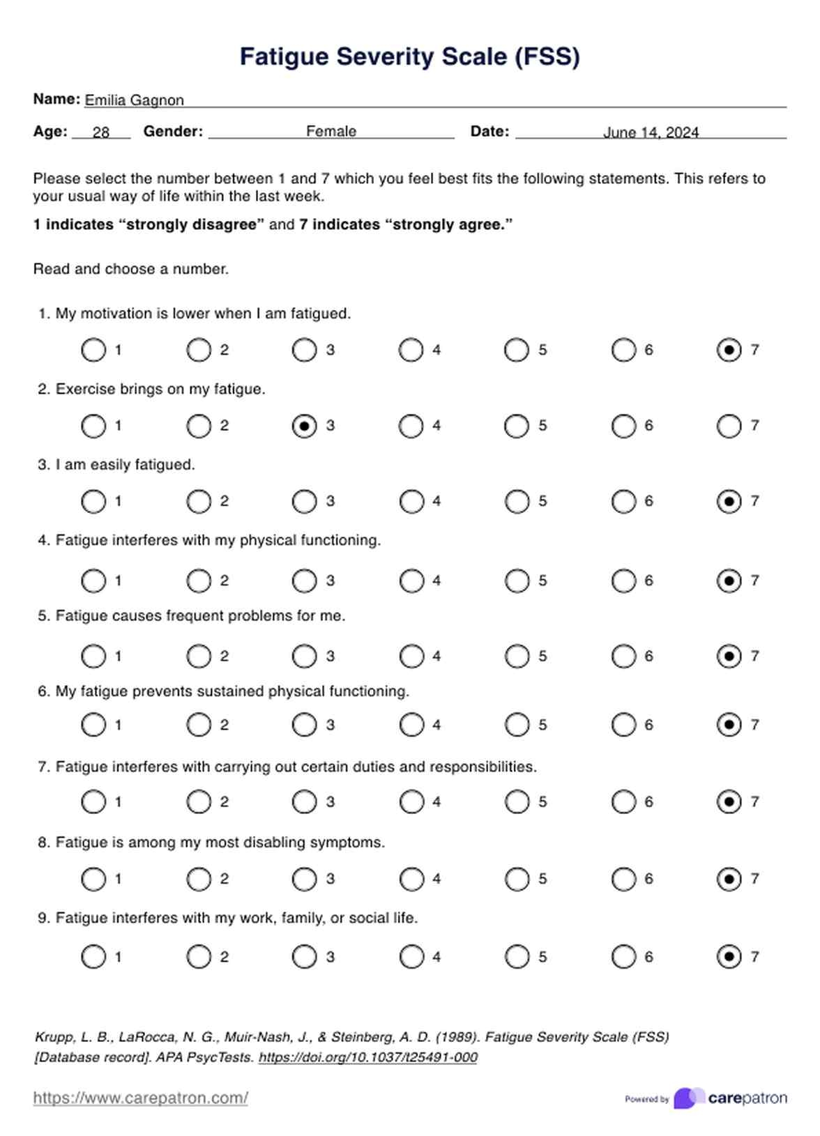 Fatigue Severity Scale FSS Example Free PDF Download