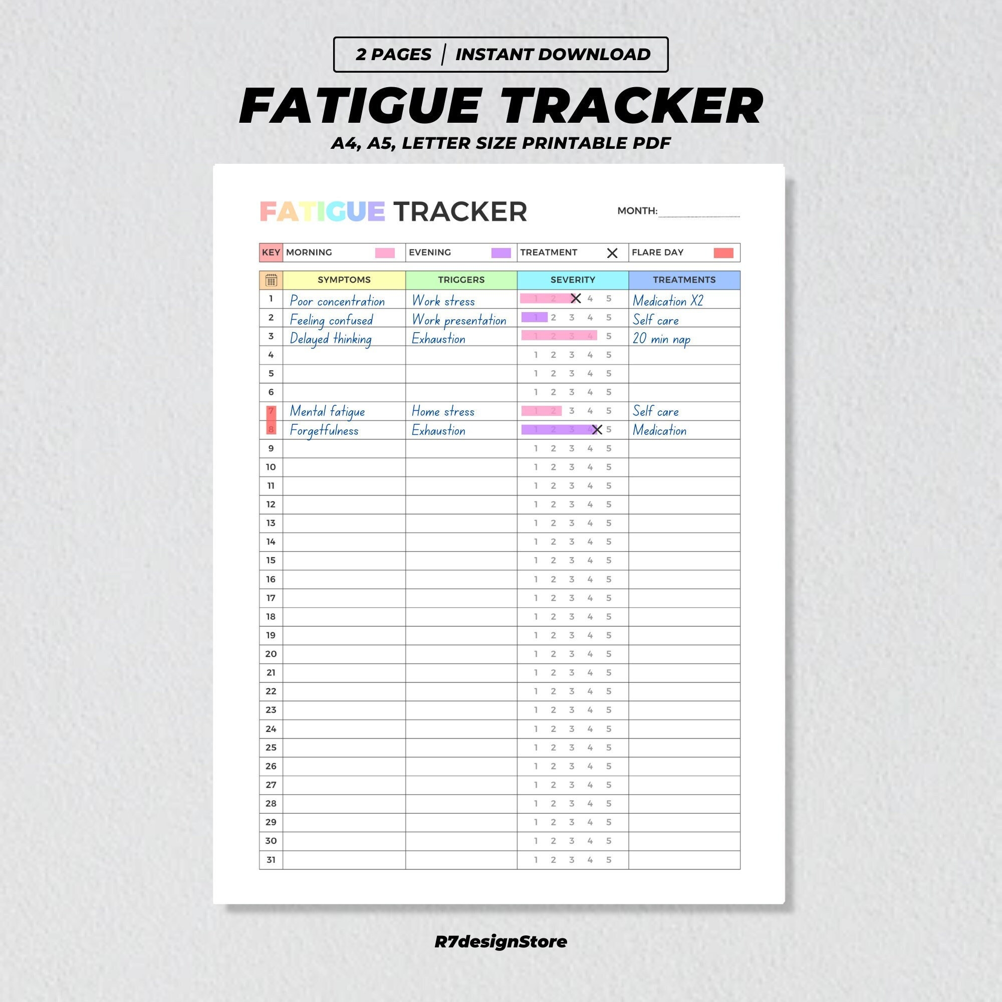 Fatigue Tracker Printable Monthly Severity Chart Health Fitness Planner Chronic Treatment Plan Symptoms Triggers Diary A4 A5 US PDF Etsy