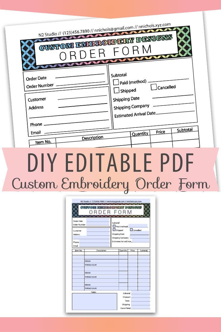 Fillable editable Text Only PDF Embroidery Order Form Invoice Blank Letter Size Forms Sales Sheet Orders Receipt Digital Download BOP 029 Etsy