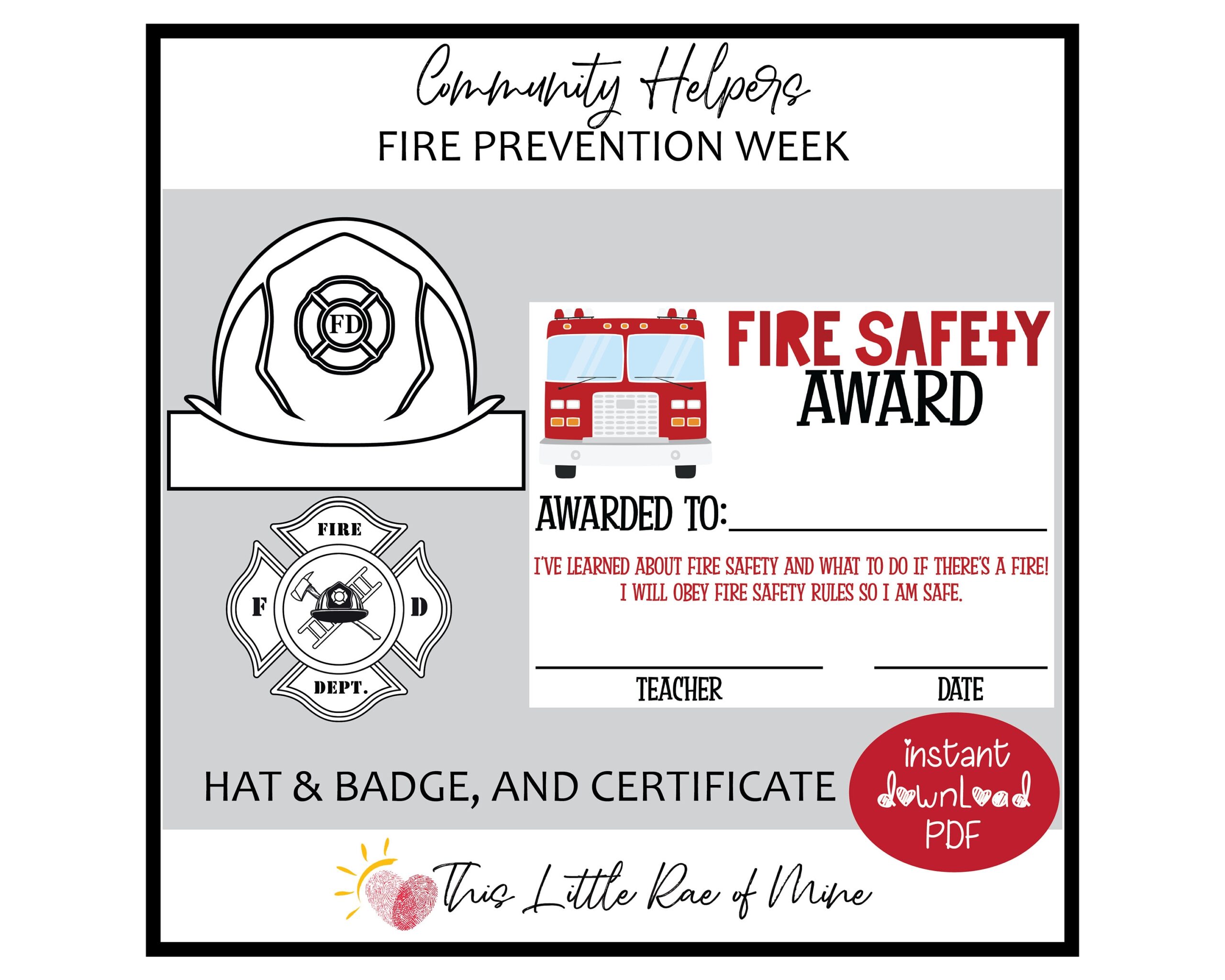 Fire Safety Fire Prevention Week Fire Dept Fireman Hat Badge Award Certificate Printable School Activity Homeschool Fall Etsy