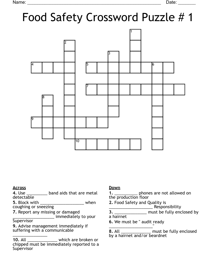 Food Safety Crossword Puzzle 1 WordMint