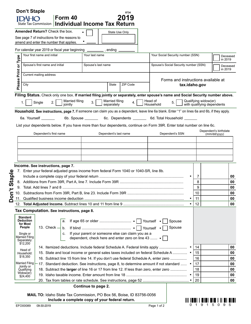 Form 40 Download Fillable PDF Or Fill Online Individual Income Tax Return 2019 Idaho Templateroller