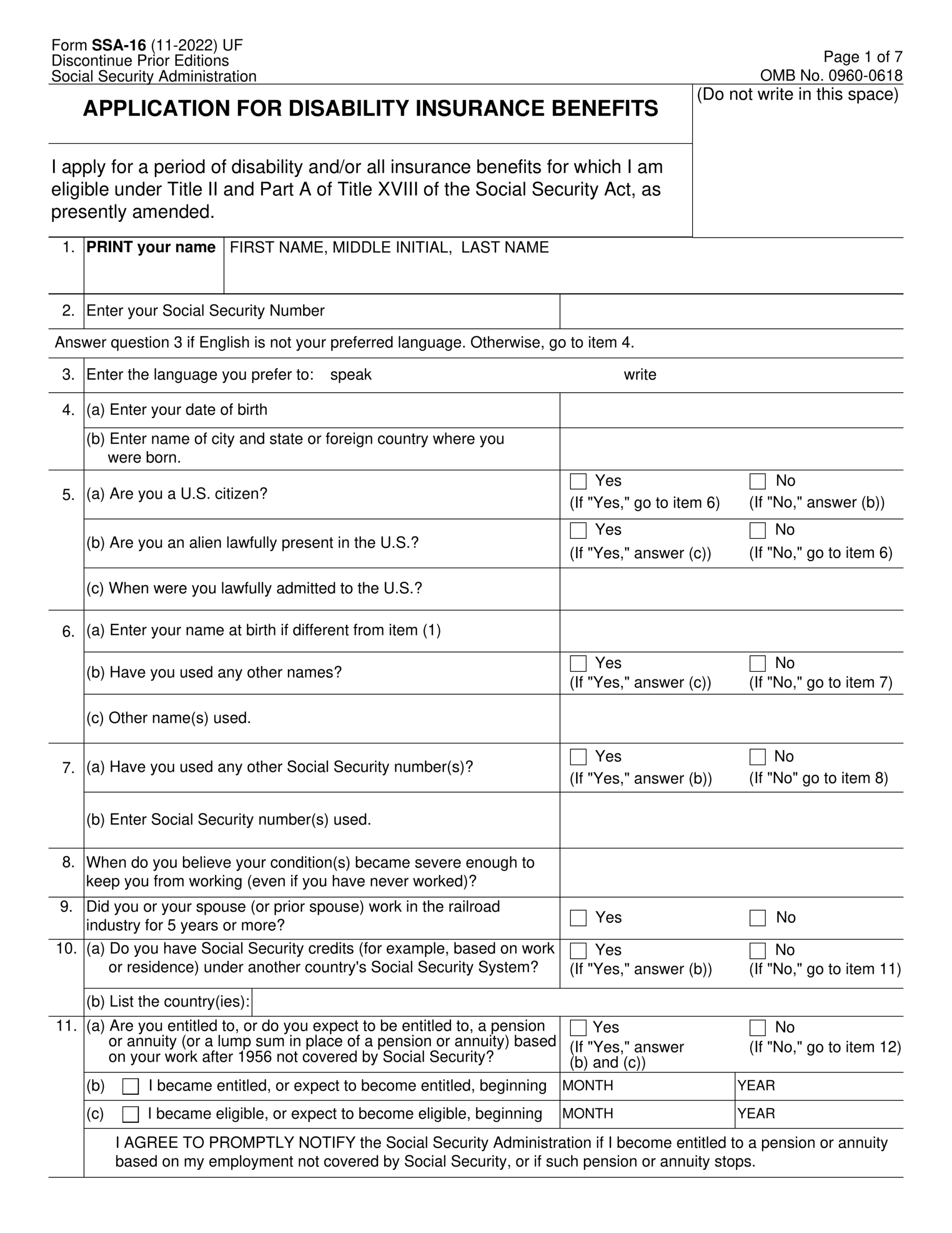 Form SSA 16 2024 2025 Fill Application For Disability Benefits PDF Guru