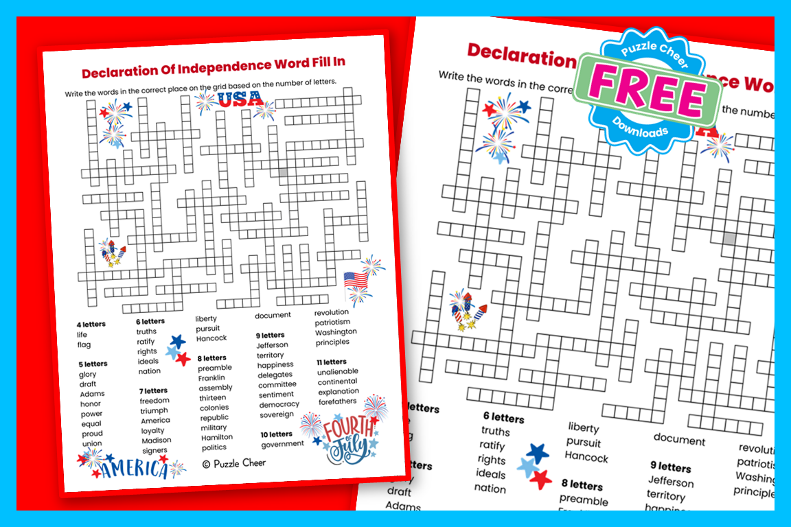 Fourth Of July Declaration Of Independence Word Fill In Puzzle Puzzle Cheer