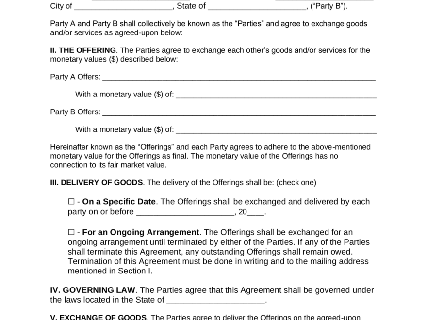 Free Barter Agreement Template Sample PDF Word EForms