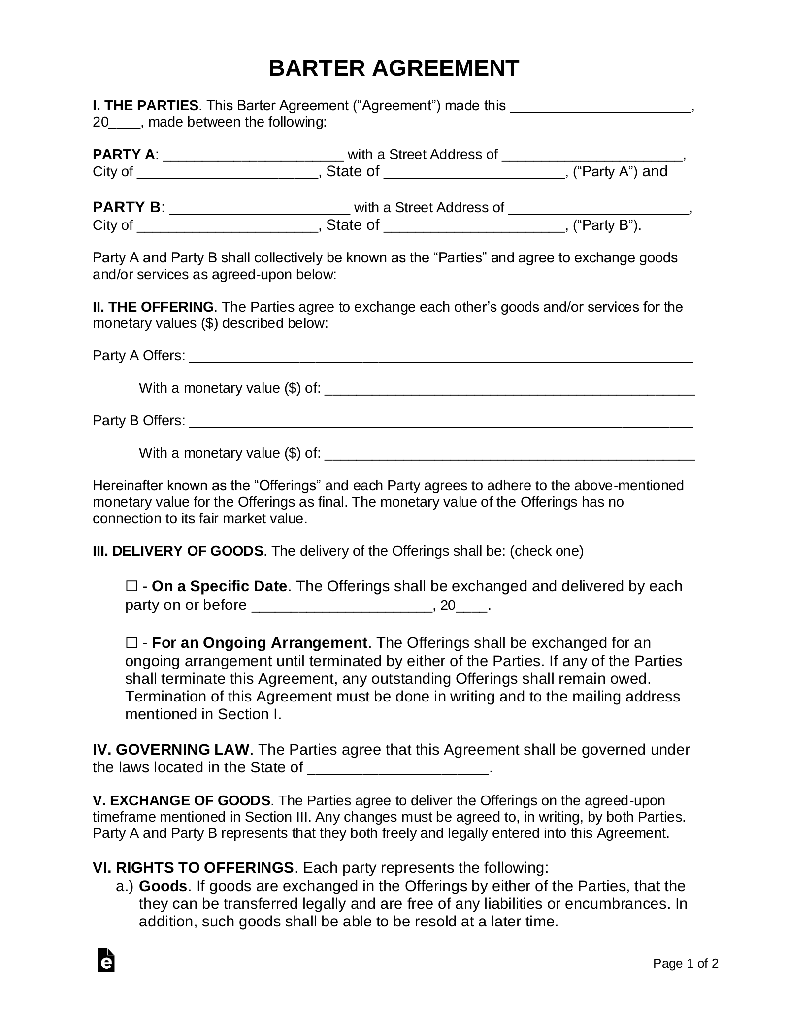 Free Barter Agreement Template Sample PDF Word EForms