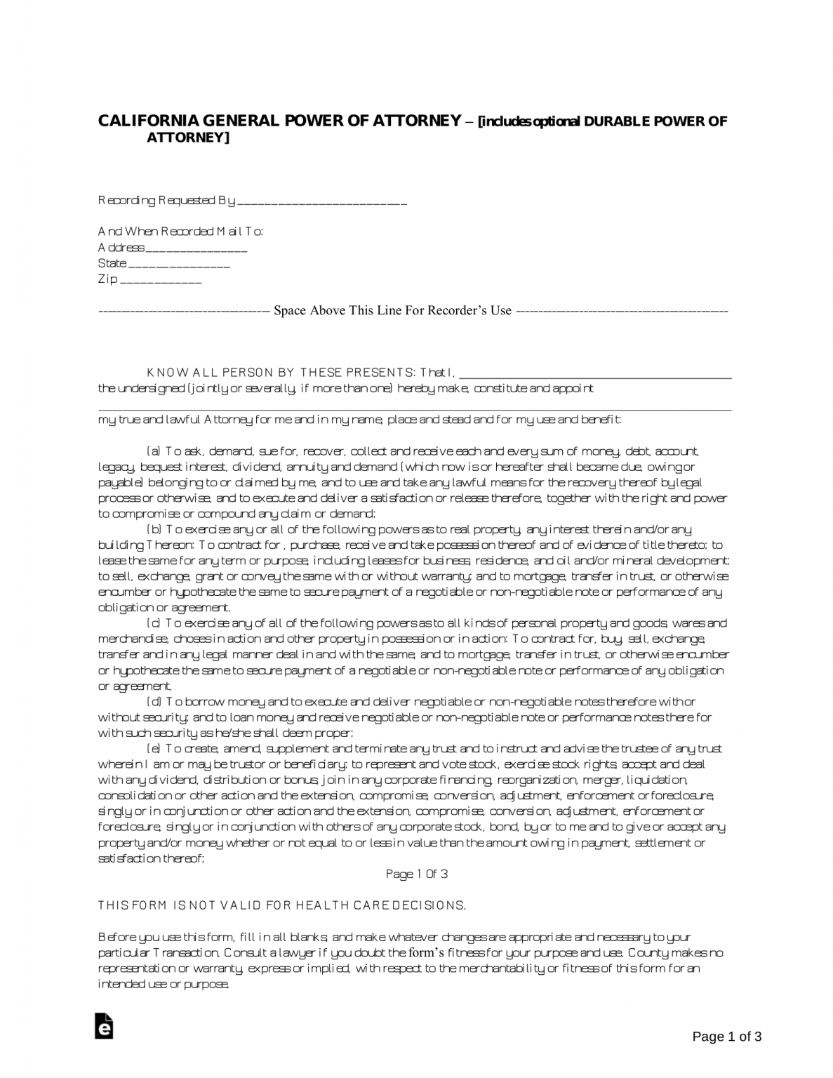 Free California General Financial Power Of Attorney Form PDF Word EForms