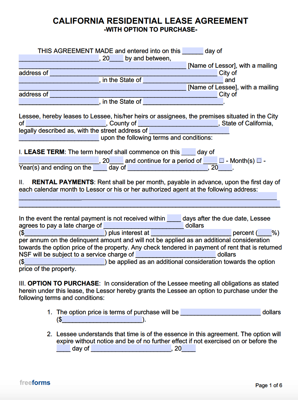 Free Printable Lease With Option To Buy Form