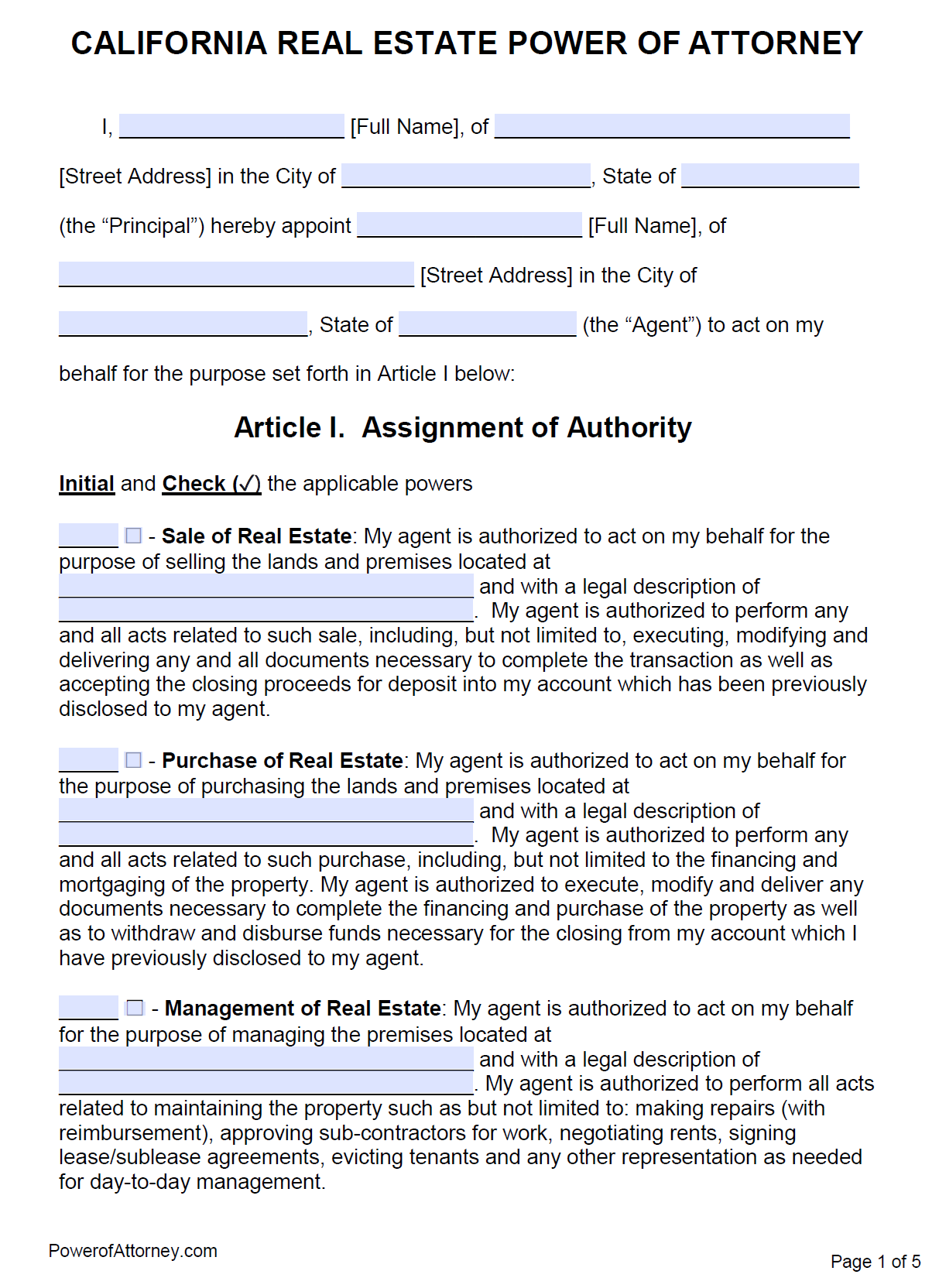 Free Printable General Power Of Attorney Form California