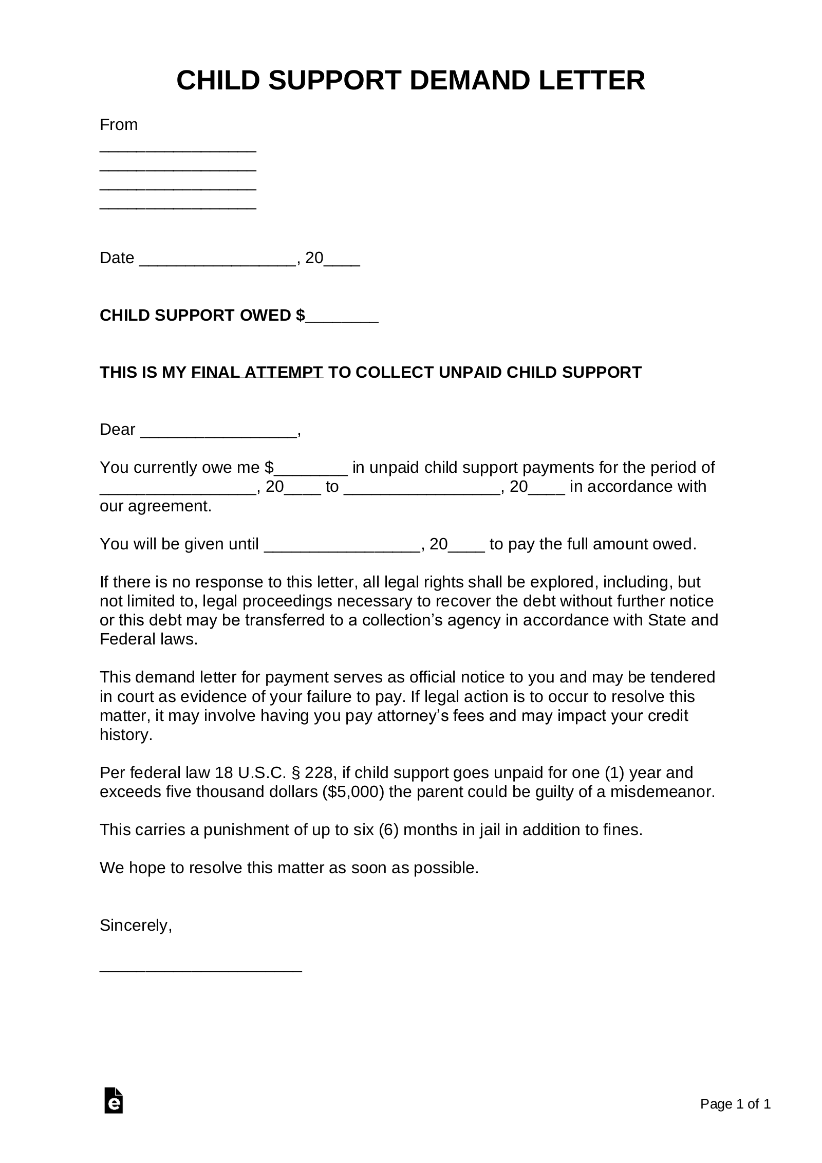 Free Child Support Demand Letter Template Sample PDF Word EForms