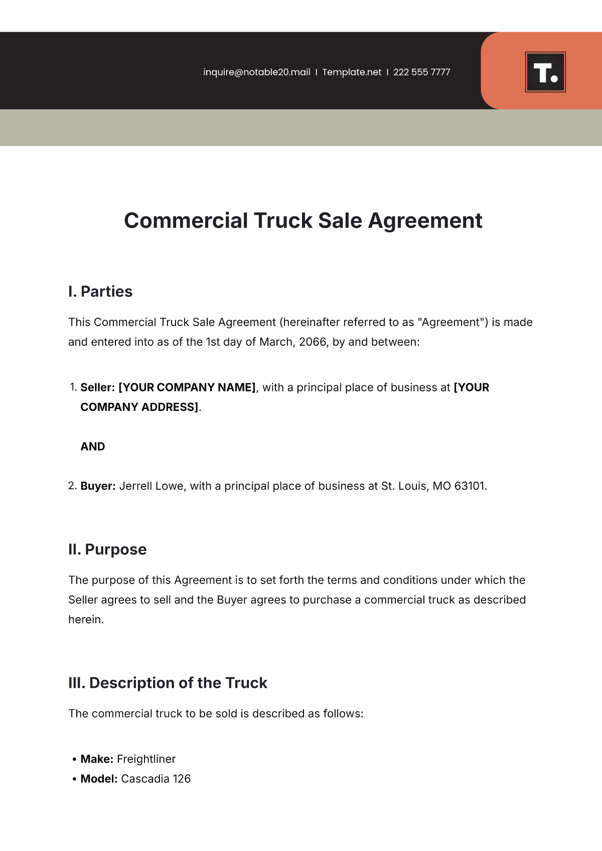 Free Commercial Truck Sale Agreement Template To Edit Online