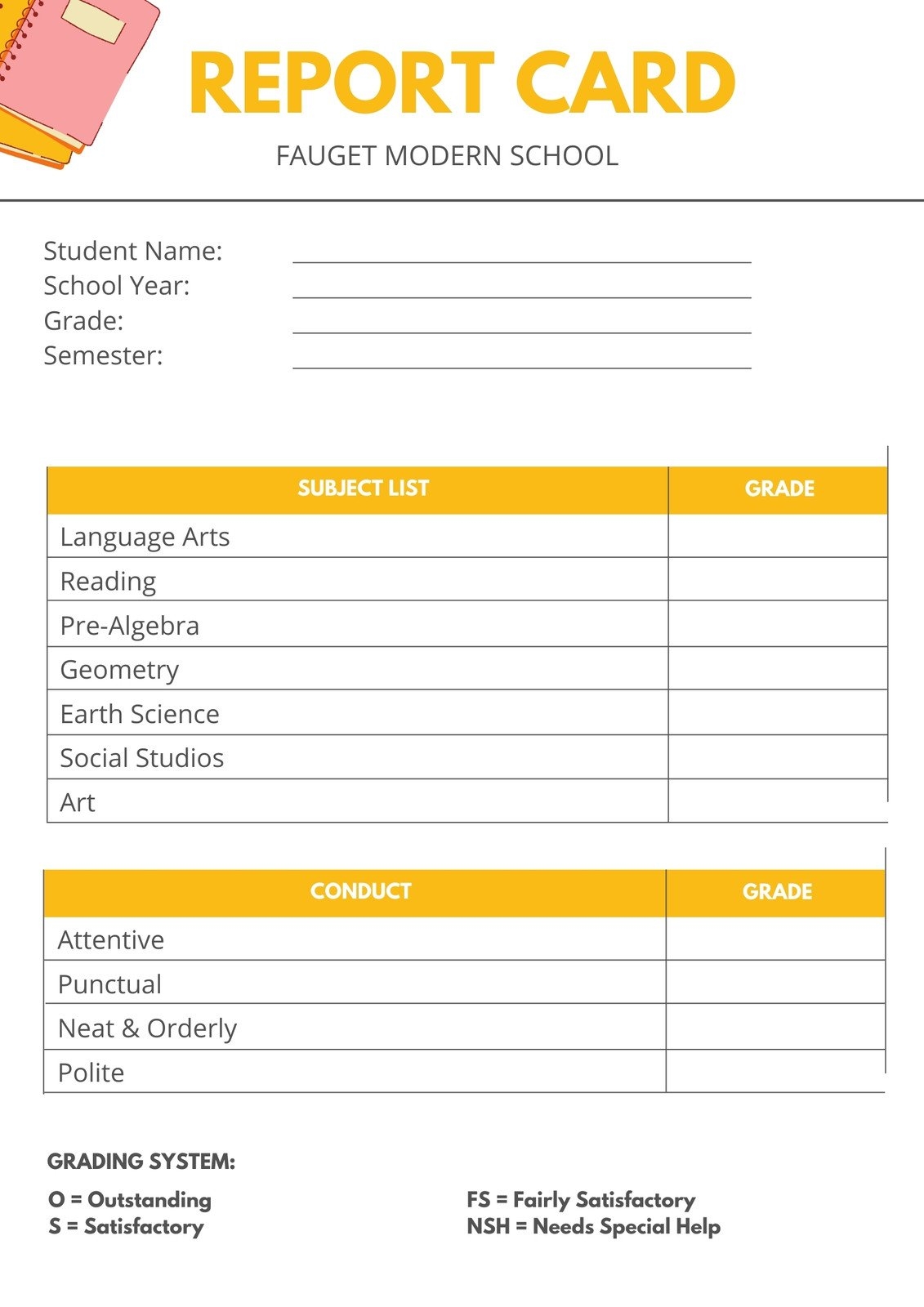 Downloadable Printable Report Card Template