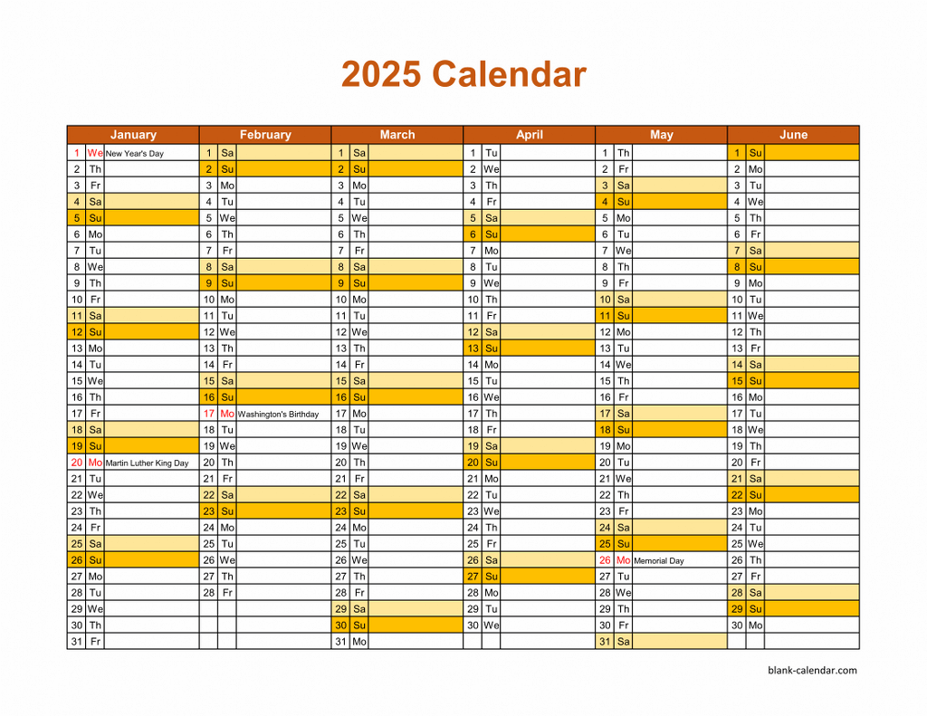 2025 Calendar On One Page Printable