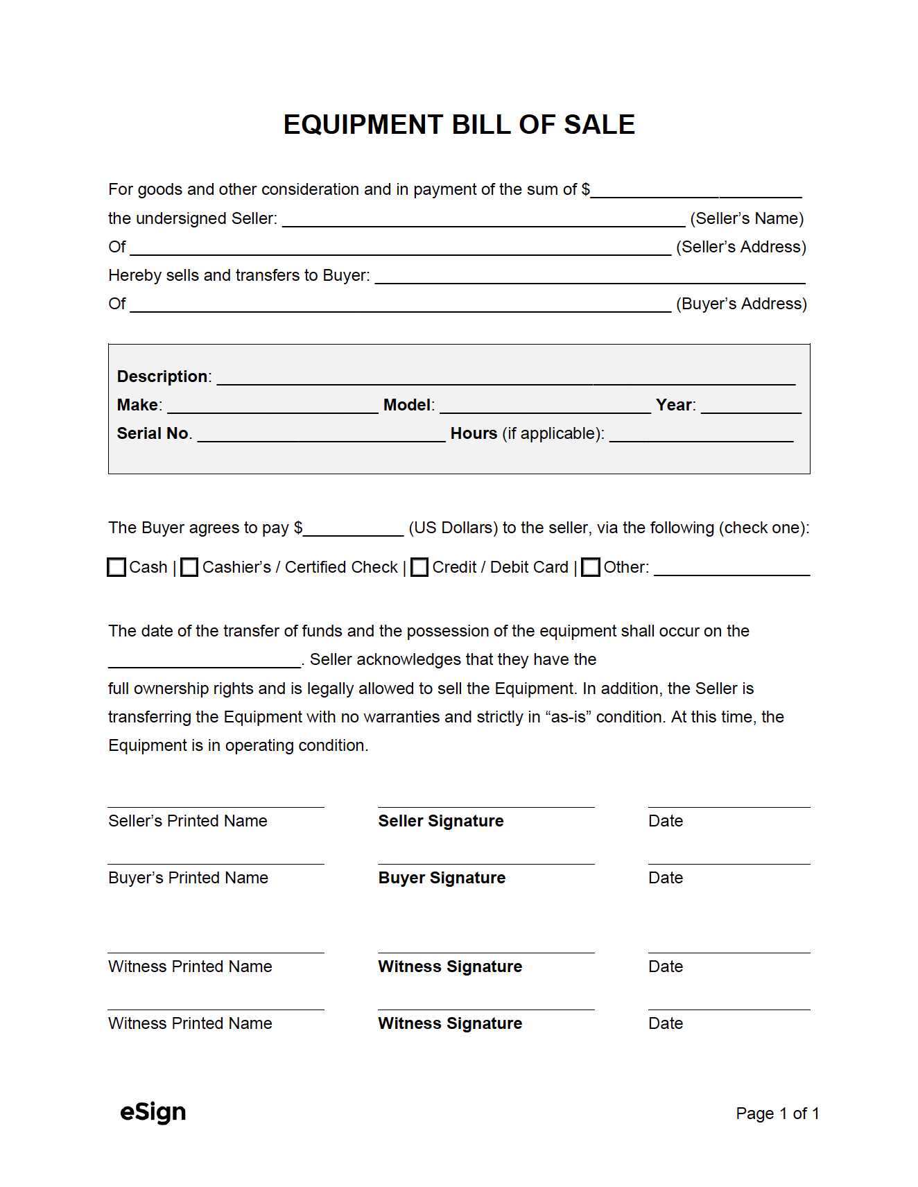 Free Printable Equipment Bill Of Sale Form