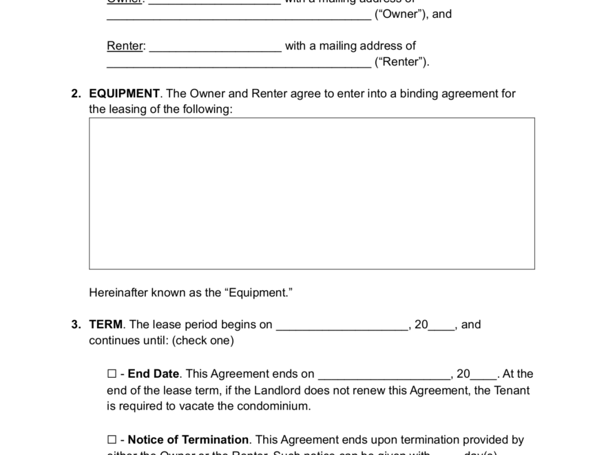 Free Equipment Rental Agreement Template PDF Word EForms