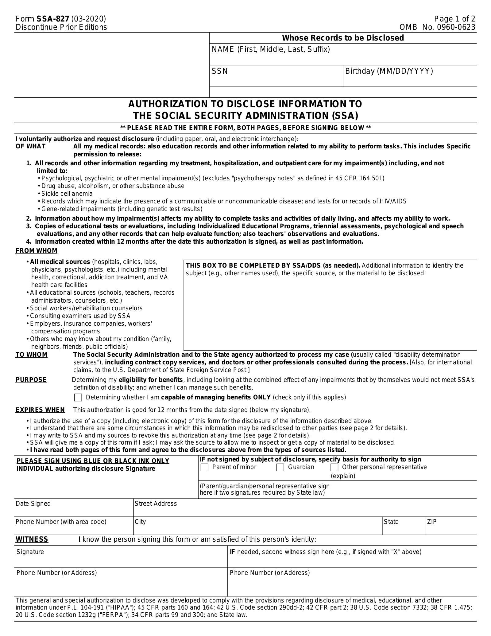 Disability Social Security Form Printable