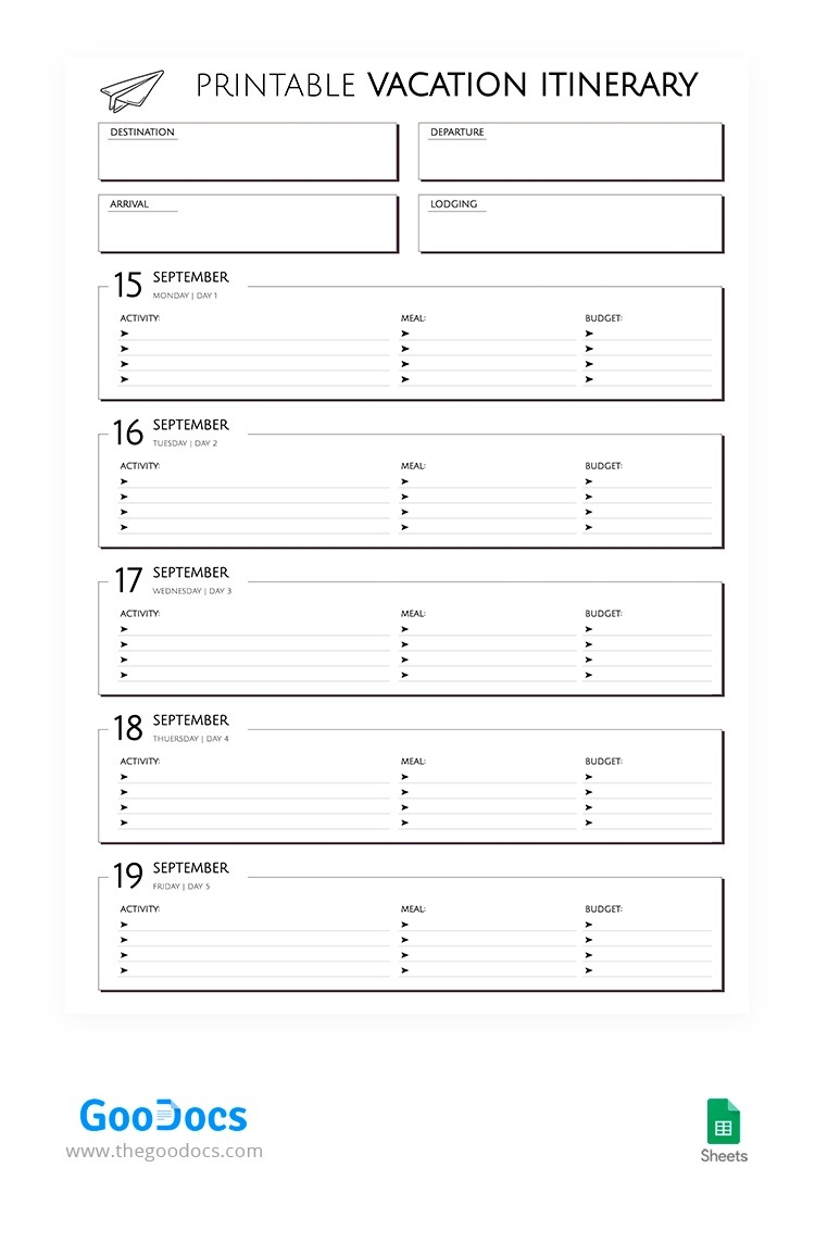 Free Itinerary Templates For Google Sheets And Excel Thegoodocs