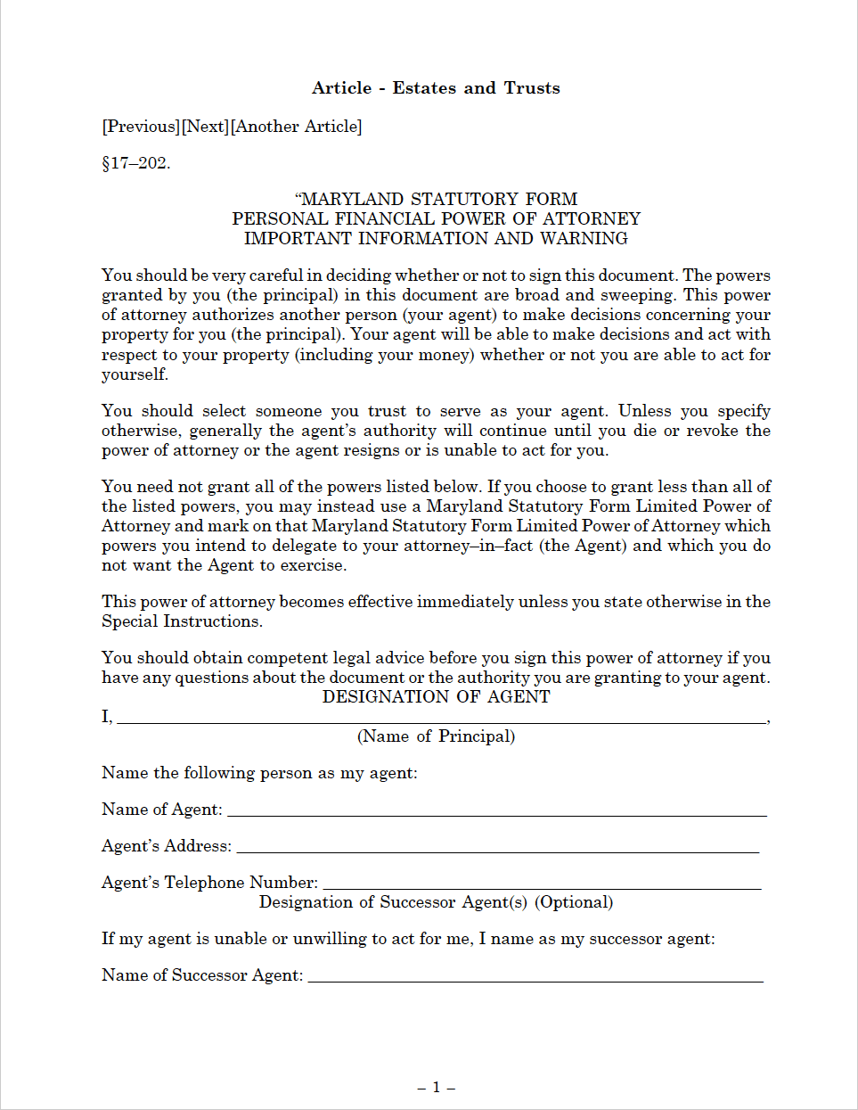 Maryland Power Of Attorney Form Free Printable