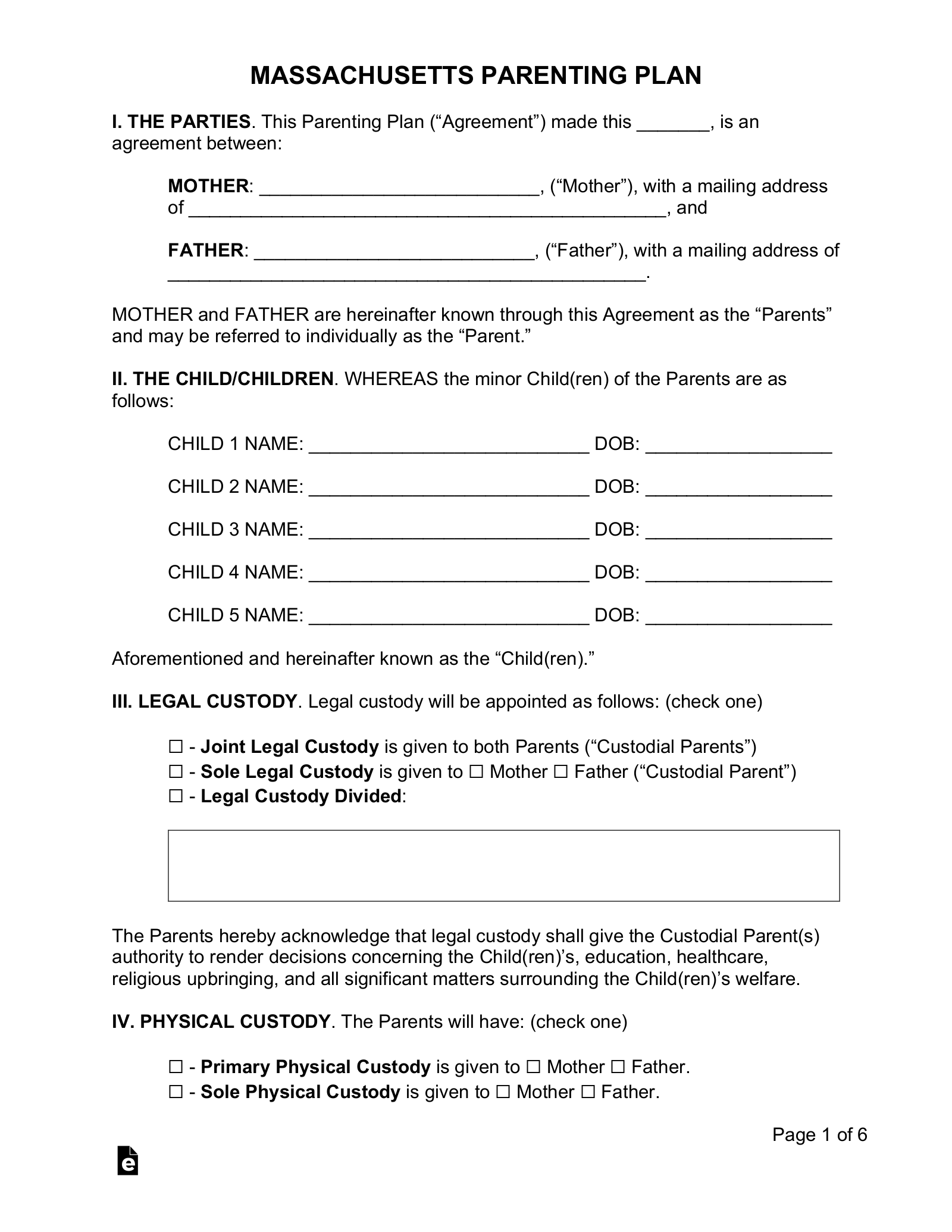 Free Massachusetts Custody Parenting Plan PDF Word EForms