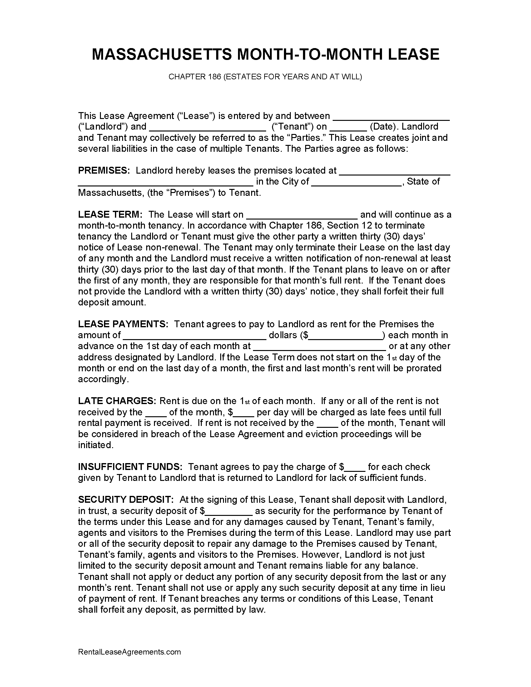 Free Printable Rental Agreement Massachusetts