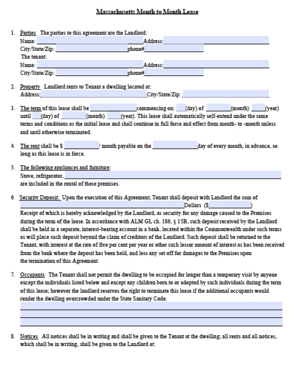 Free Massachusetts Rental Lease Agreement Templates PDF Word