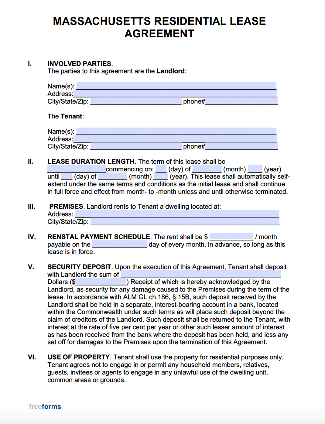Free Massachusetts Rental Lease Agreement Templates PDF Word