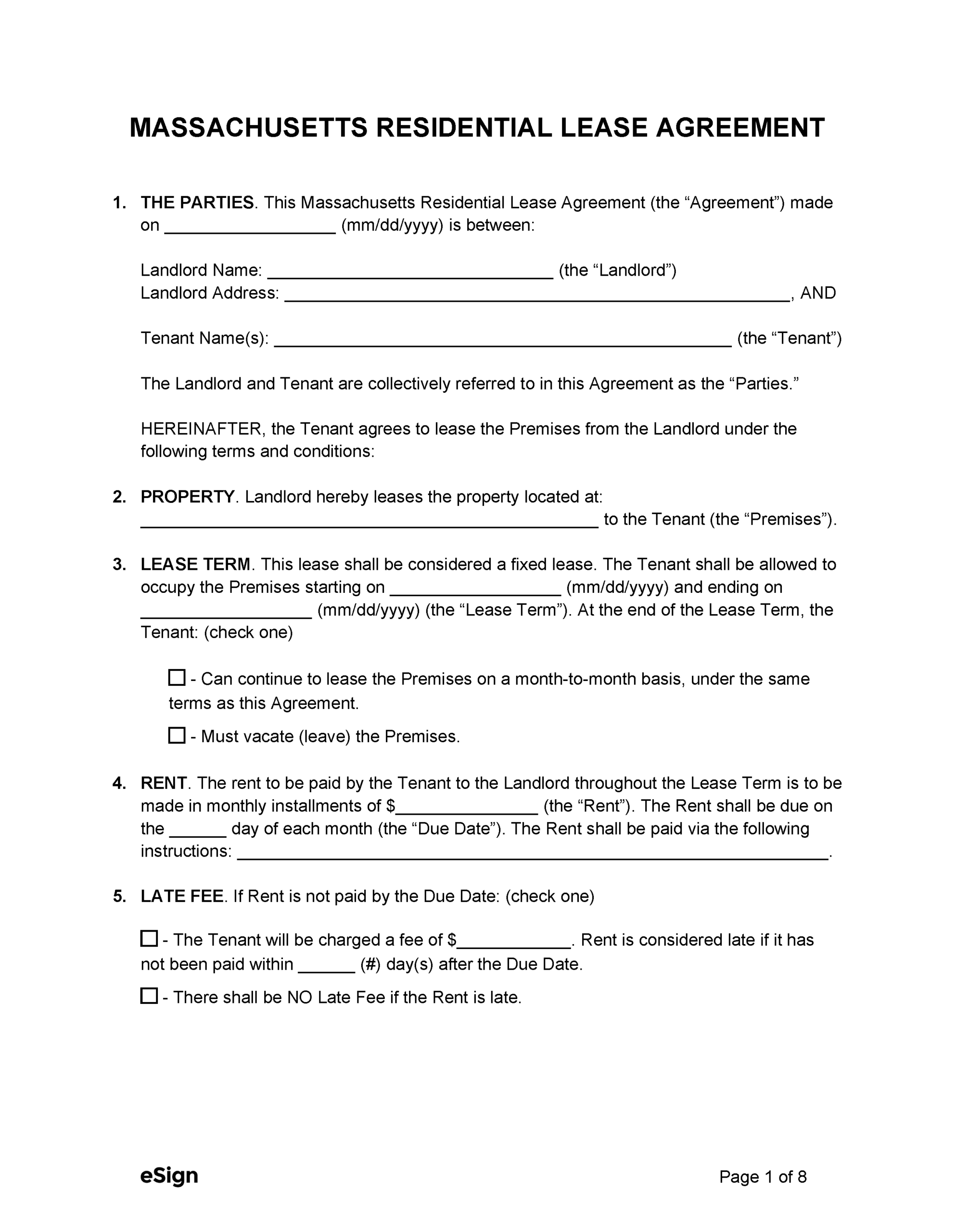 Free Massachusetts Standard Residential Lease Agreement Template PDF