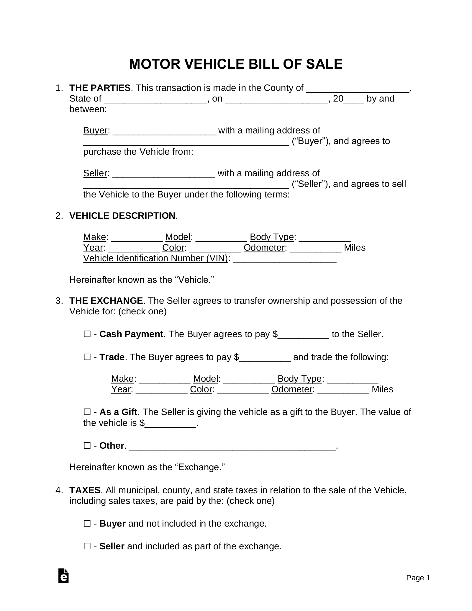 Free Printable Bill Of Sale