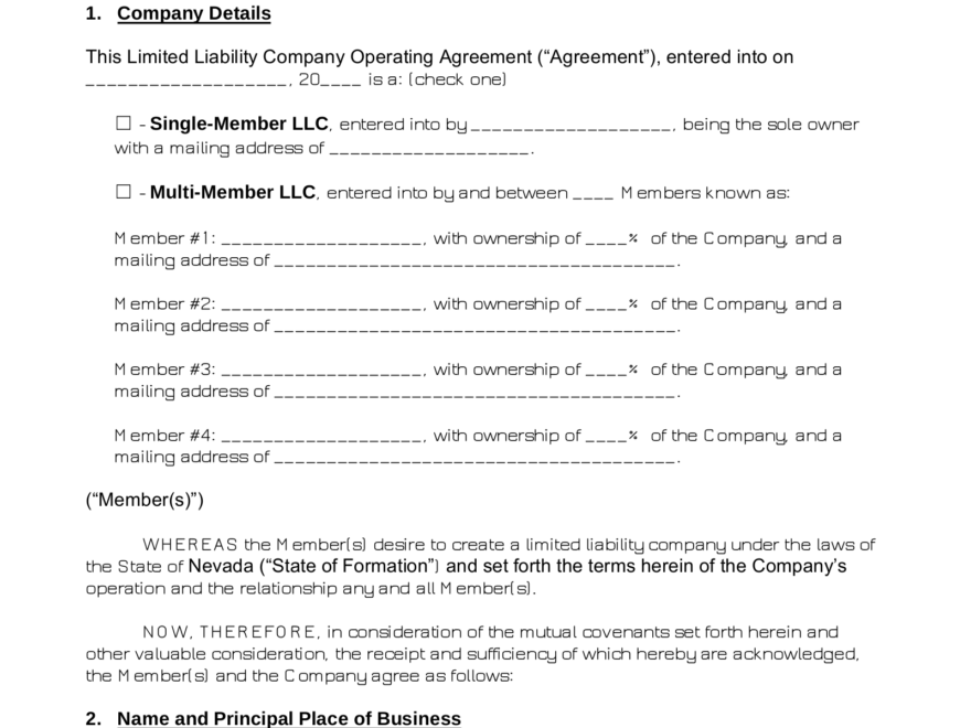 Free Nevada LLC Operating Agreements 2 PDF Word EForms
