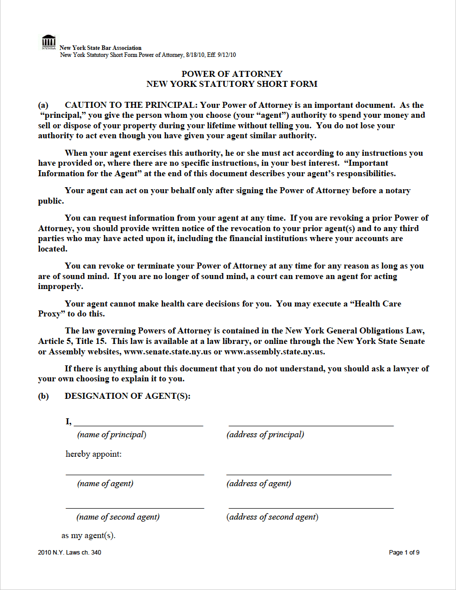 Free New York Power Of Attorney Forms PDF