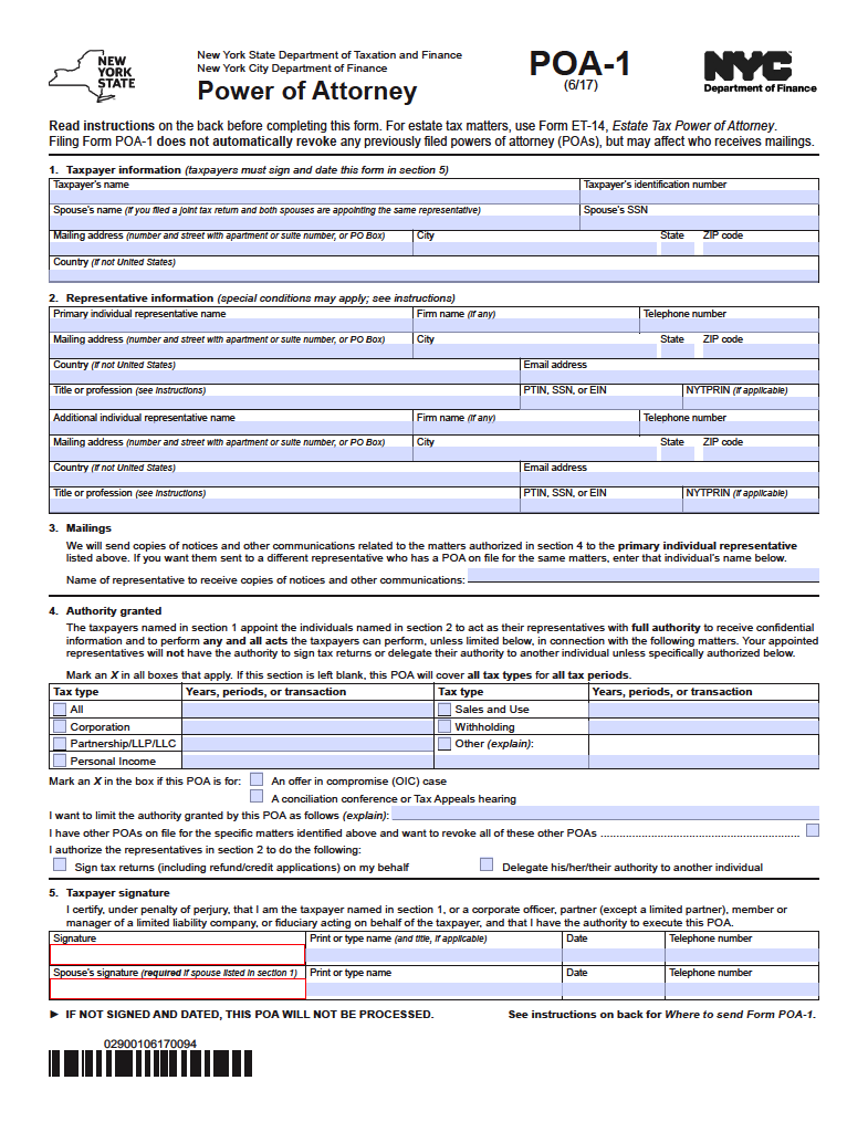 Free New York Tax Power Of Attorney Form PDF