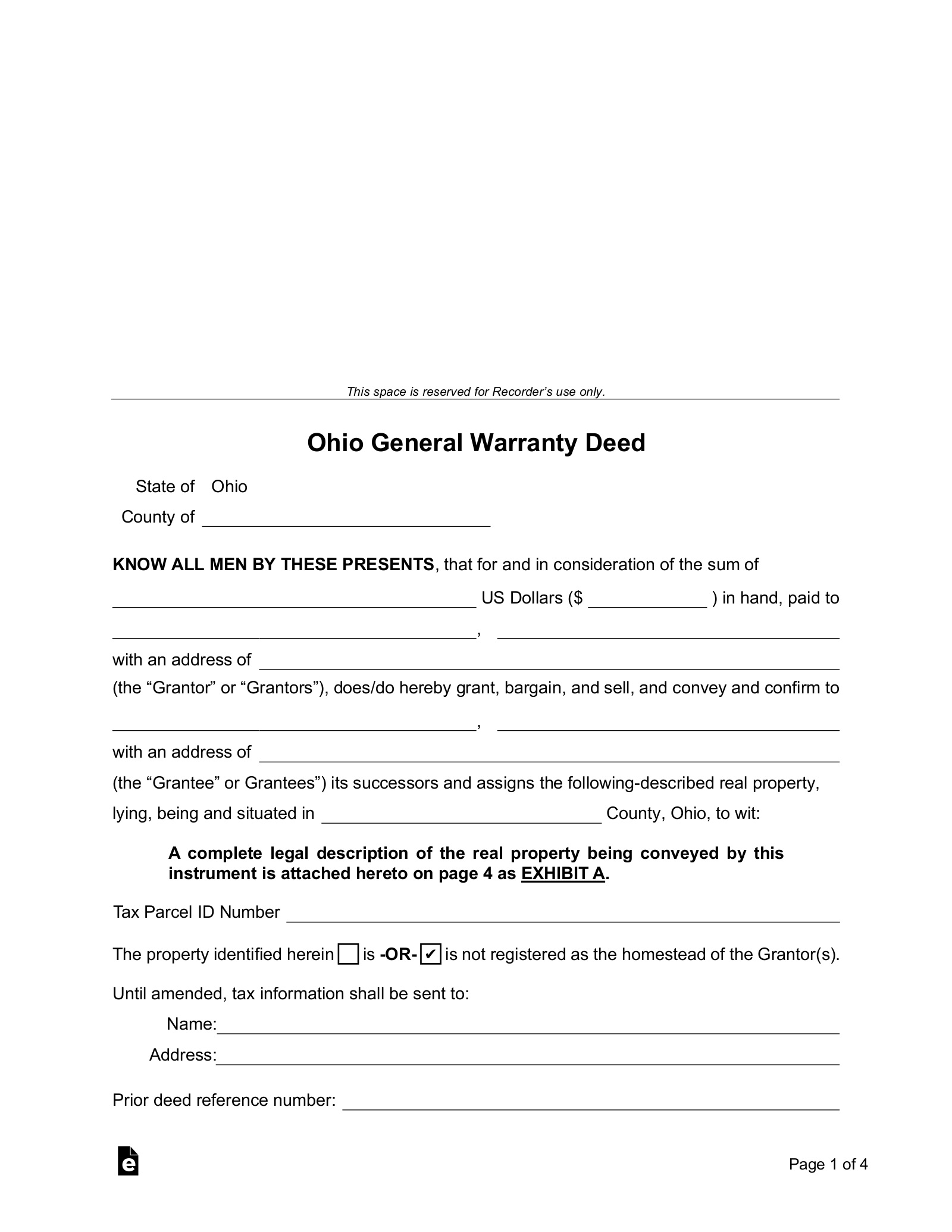 Free Ohio General Warranty Deed Form PDF Word EForms