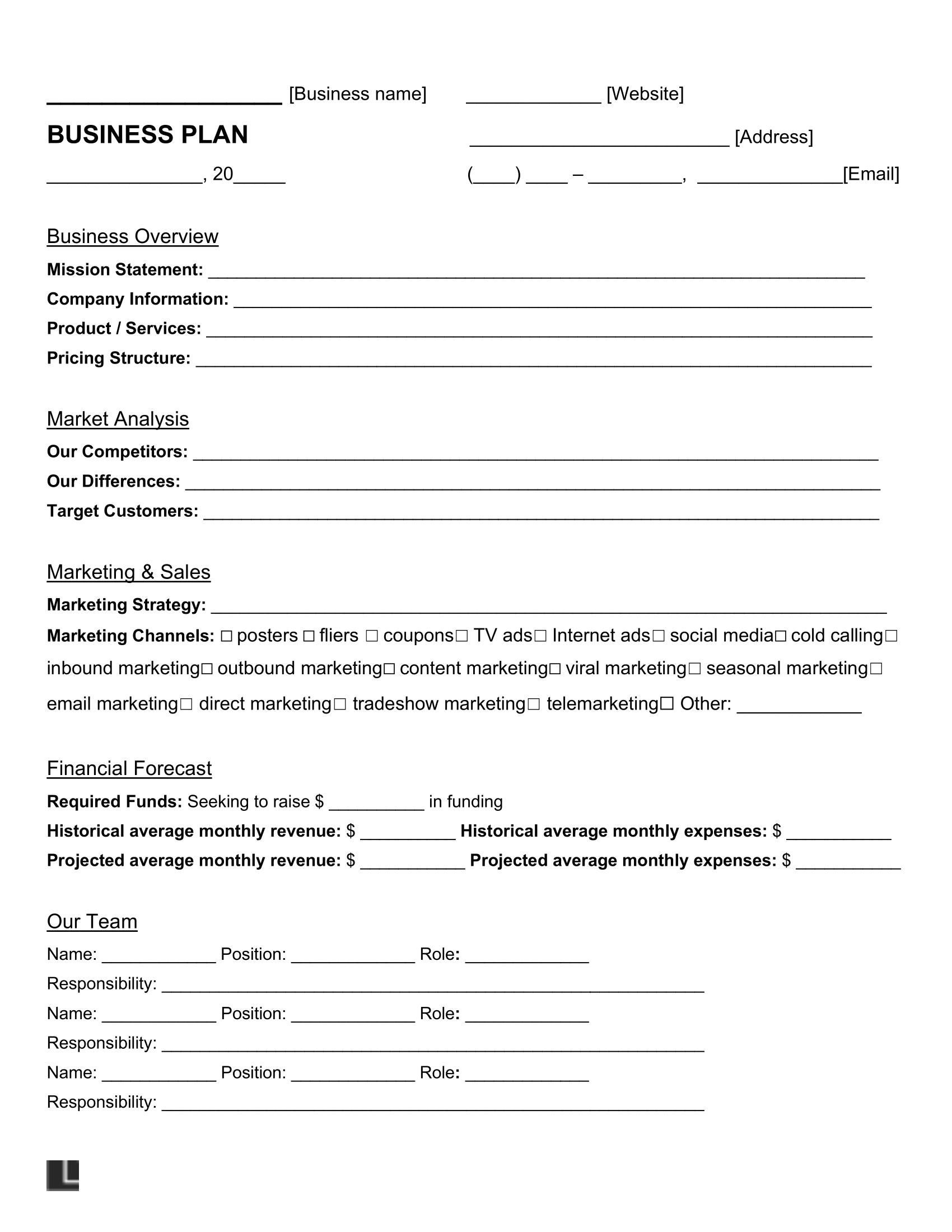 Free One Page Business Plan Template PDF Word