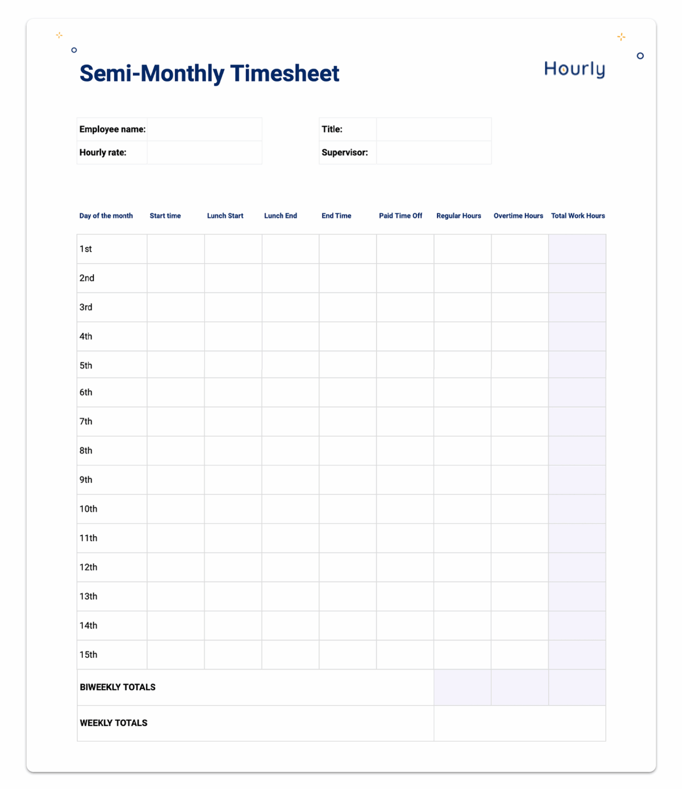Free Monthly Timesheet Template Printable