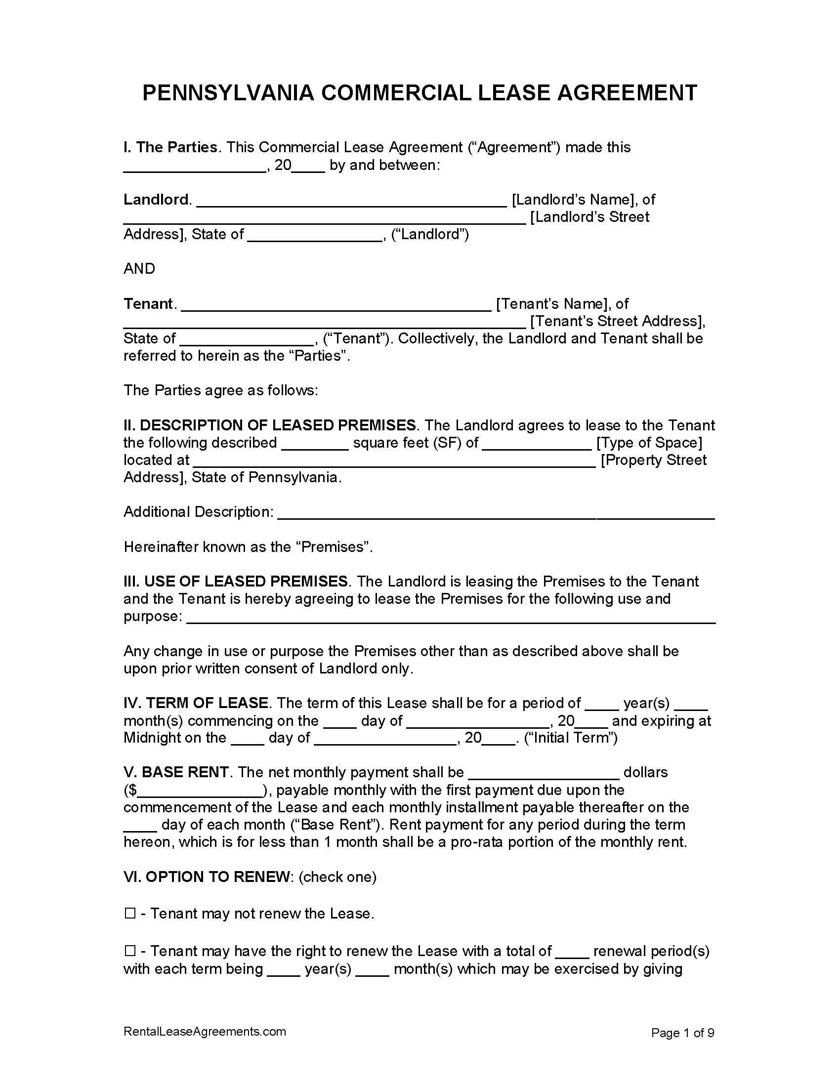 Free Pennsylvania Rental Lease Agreements 6 Types PDF MS Word