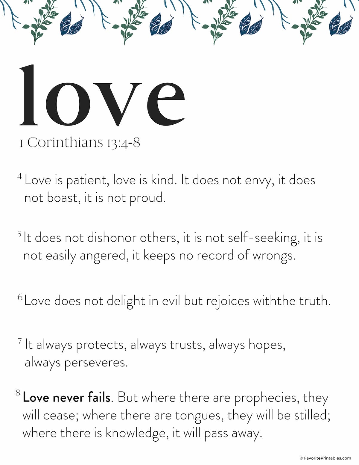 Free Printable 1 Corinthians 13 4 8 Bible Verse Favorite Printables