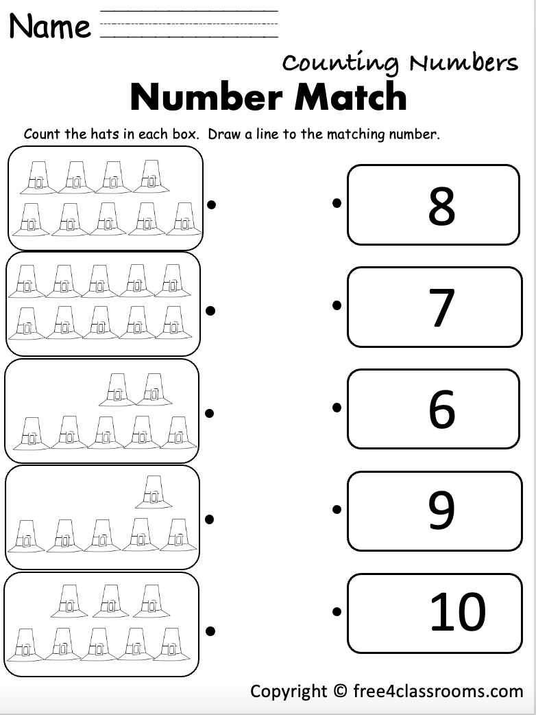 Free Printable Counting Numbers Worksheet Thanksgiving Math Kindergarten And Preschool Free Worksheets Free4Classrooms