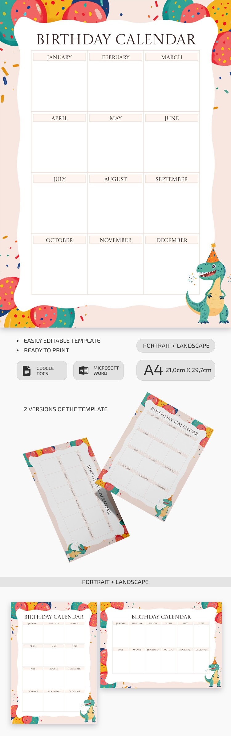 Free Printable Customizable Yearly Birthday Calendar Template In Google Docs And Microsoft Word Thegoodocs