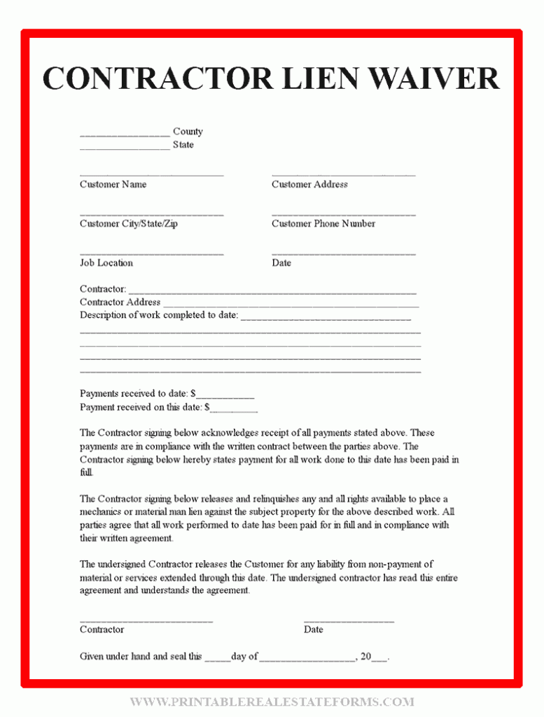 Waiver Of Lien Form Printable