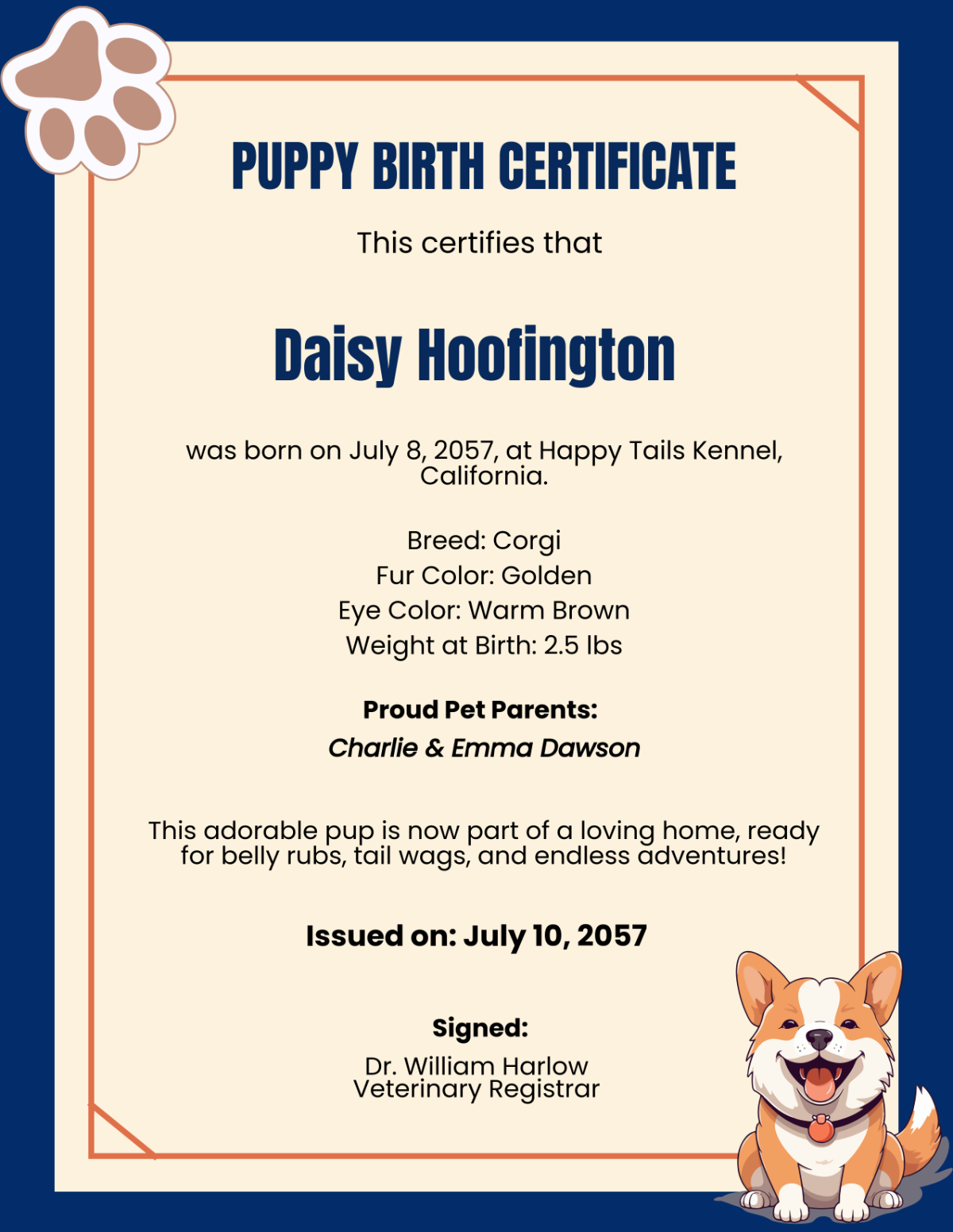 Free Printable Puppy Birth Certificate