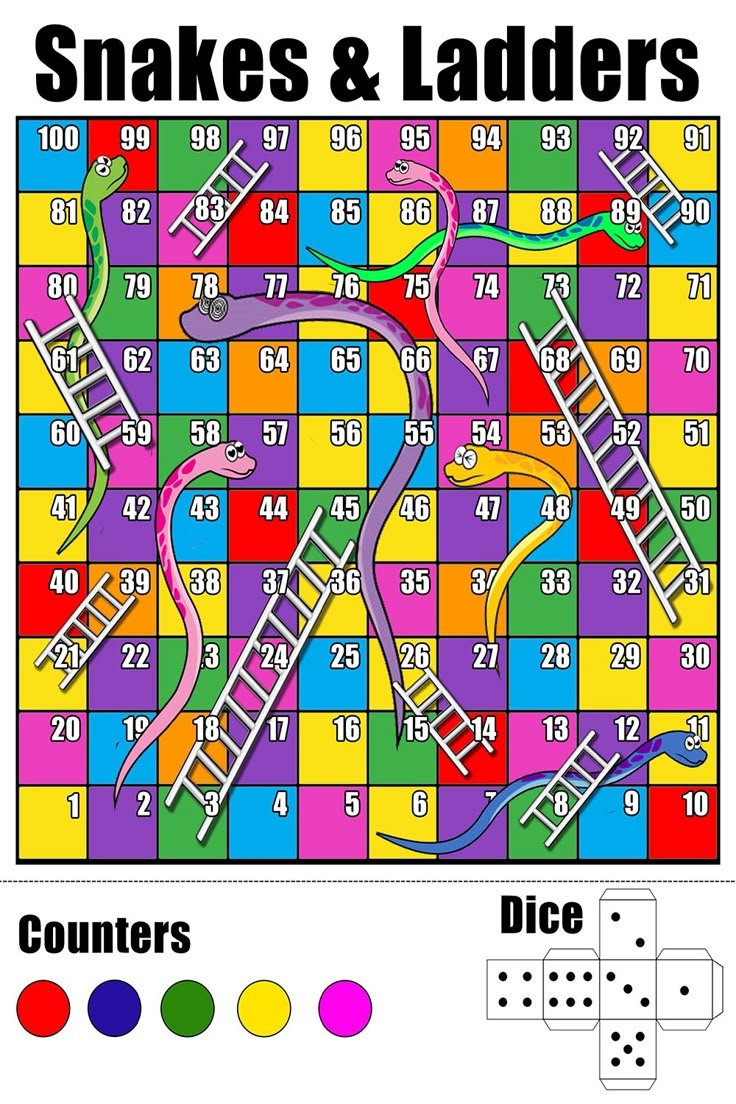 Free Printable Snakes Ladders Game Template With Counters Cutout Dice
