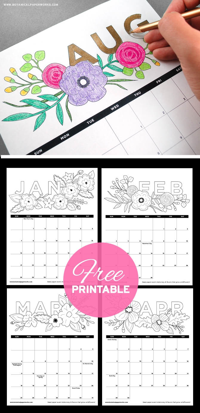 Free Printables Adult Coloring Book Calendar Botanical PaperWorks