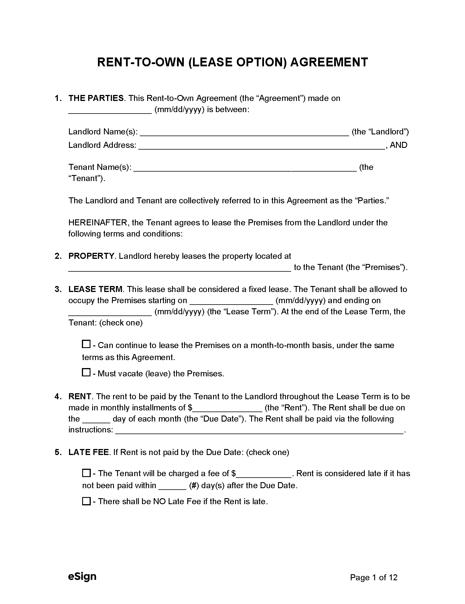 Free Rent to Own Lease Option Agreement PDF Word