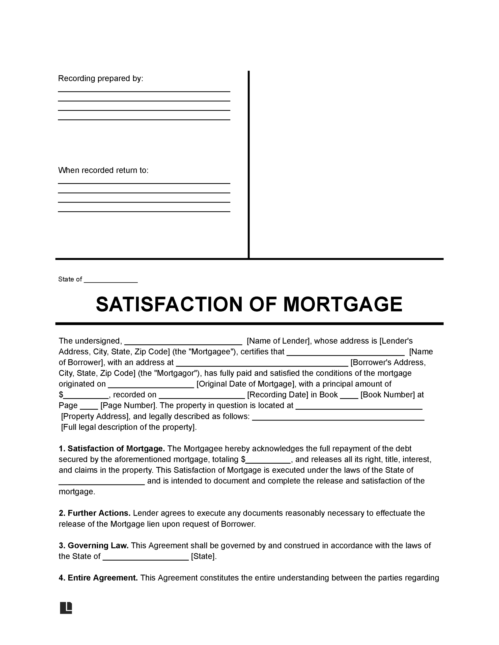 Free Satisfaction Of Mortgage Form PDF Word