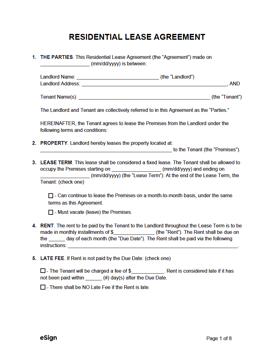 Free Standard Residential Lease Agreement Template PDF Word
