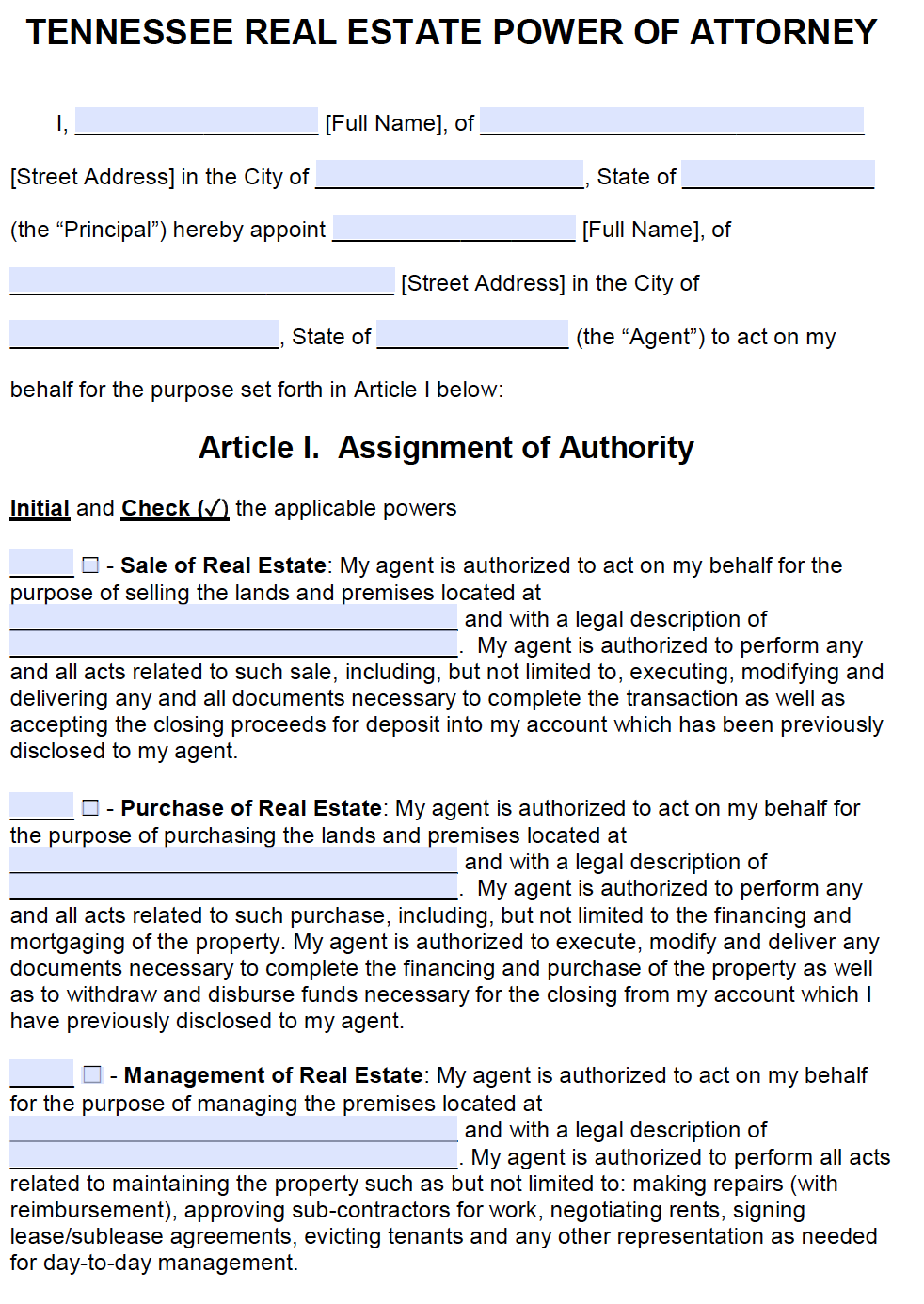 Free Printable Power Of Attorney Form Tennessee