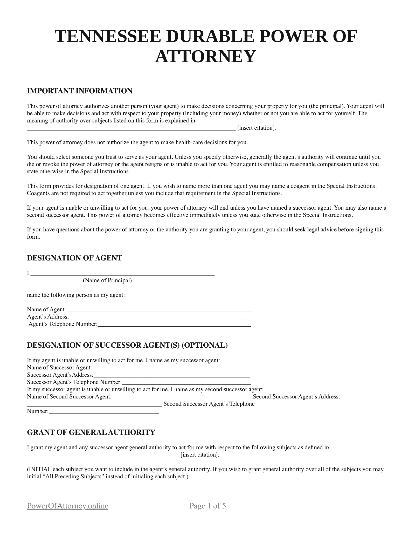 Free Tennessee TN Power Of Attorney Forms Templates PDF