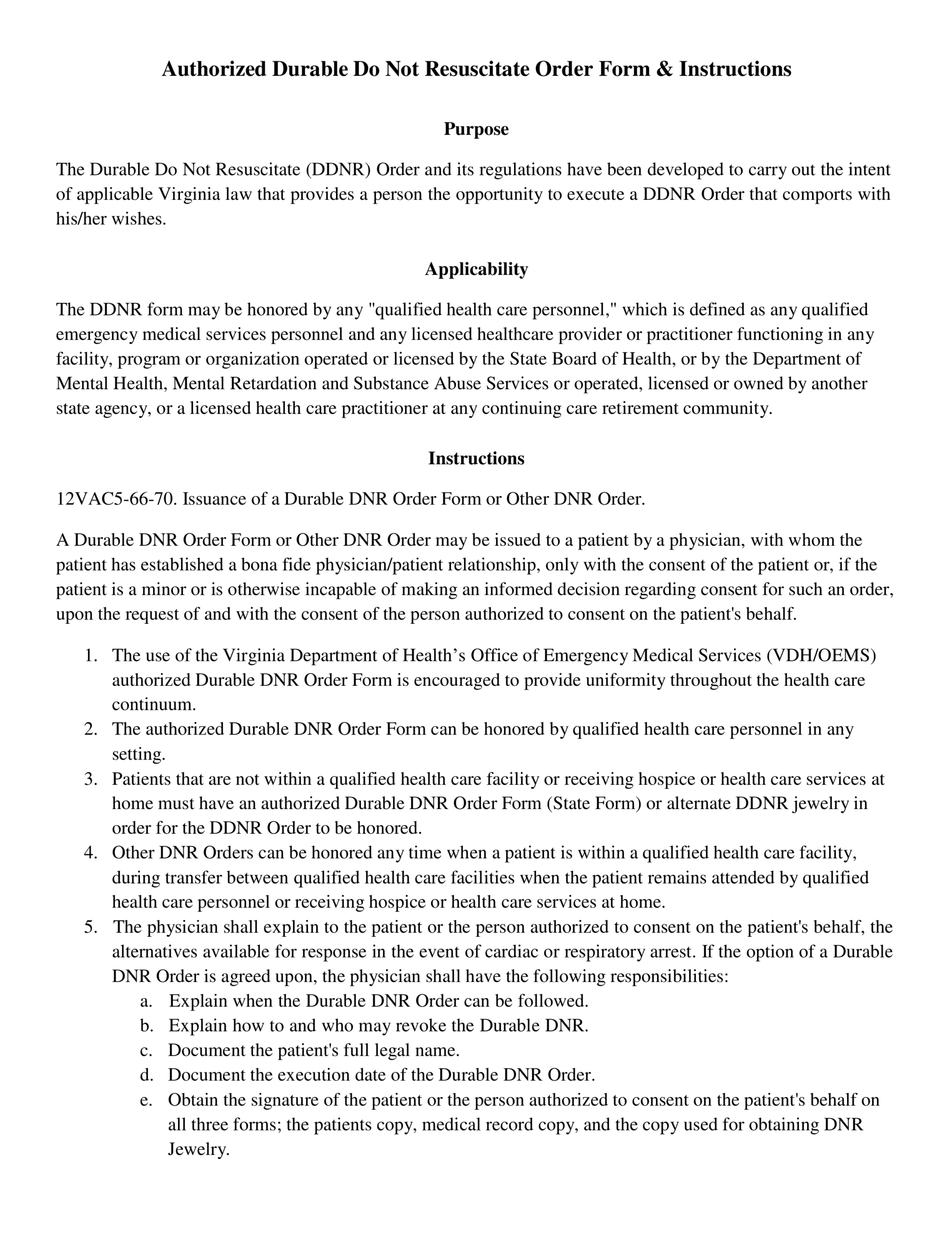 Free Virginia Do Not Resuscitate DNR Order Form PDF EForms