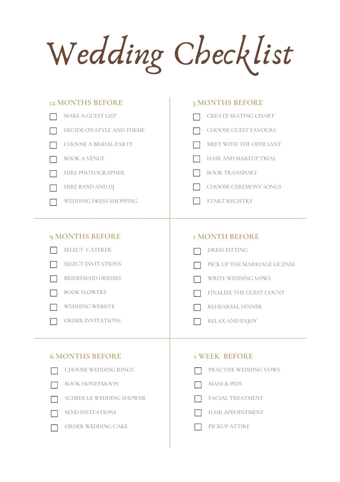 Free Printable Wedding Planning Checklists
